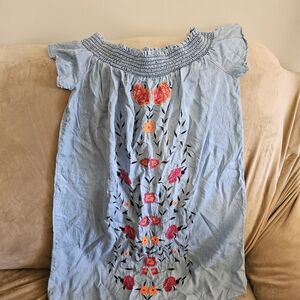 Mi Ami Embroidered Blue Dress with Floral Design